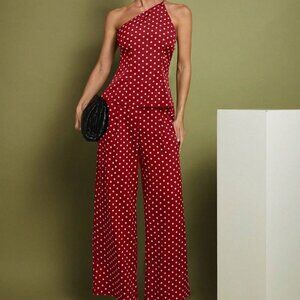 Burgundy Women's Polka Dot Print Sleeveless Top And Wide Leg Pants Set